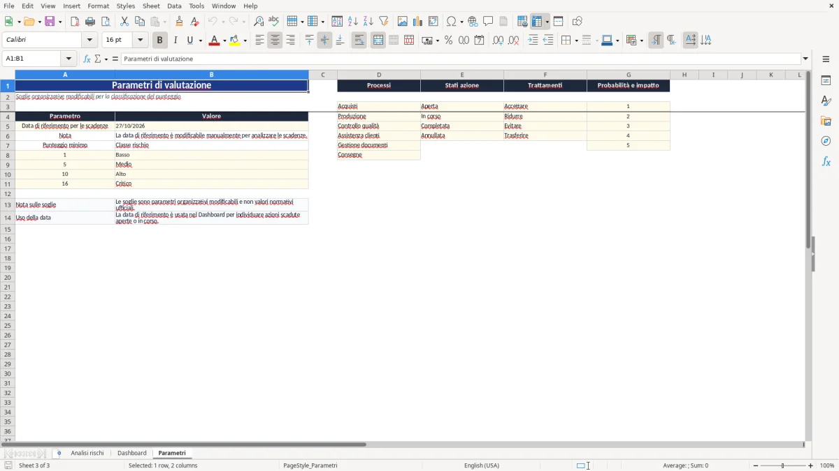 Anteprima del modello Excel analisi rischi ISO 9001 2015 excel — foglio Parametri (immagine 3)