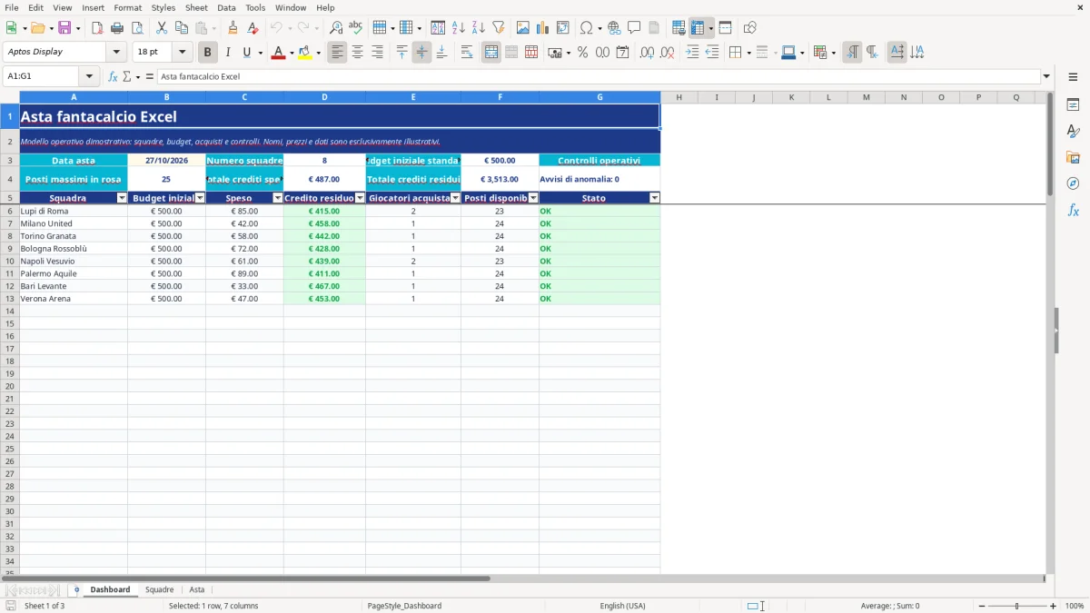 Anteprima del modello Excel asta fantacalcio excel — foglio Dashboard (immagine 1)