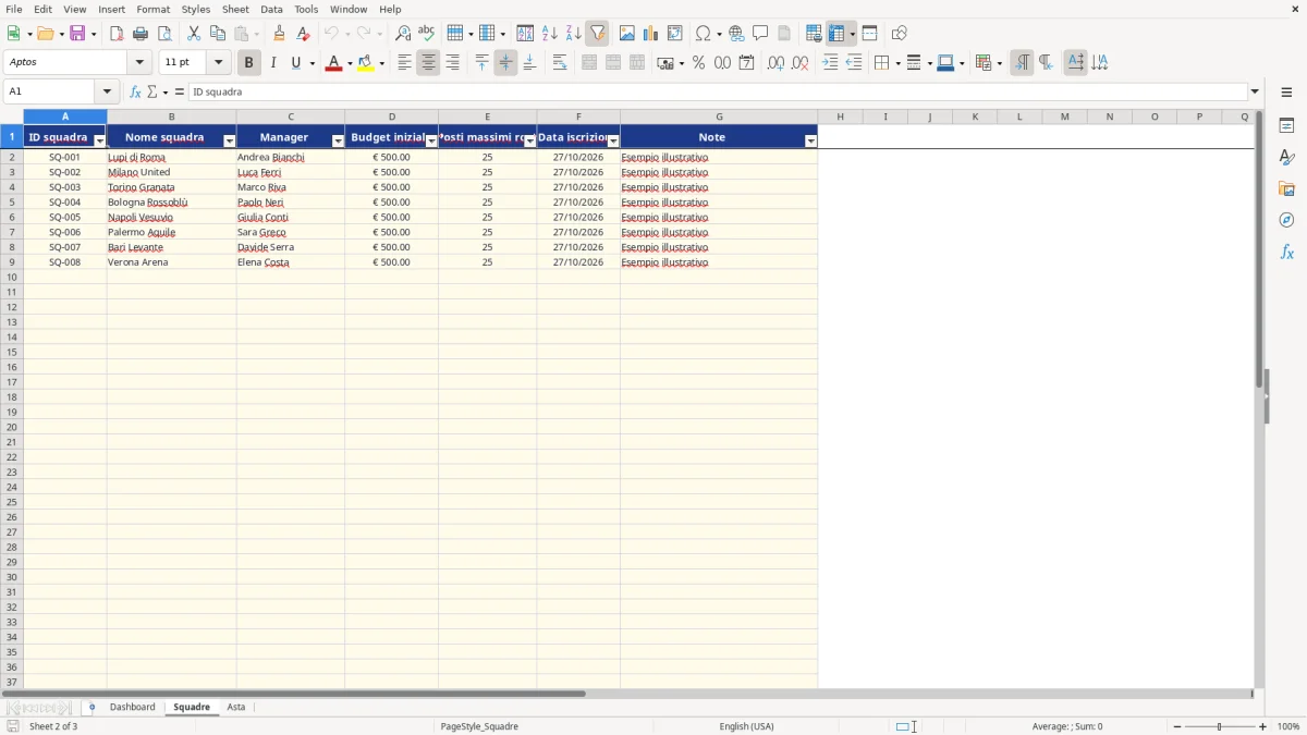 Anteprima del modello Excel asta fantacalcio excel — foglio Squadre (immagine 2)