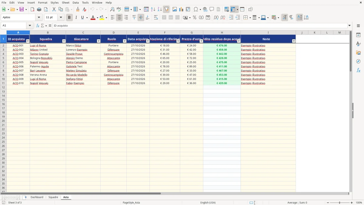 Anteprima del modello Excel asta fantacalcio excel — foglio Asta (immagine 3)
