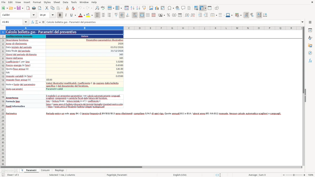 Anteprima del modello Excel calcolo bolletta gas excel — foglio Parametri (immagine 1)