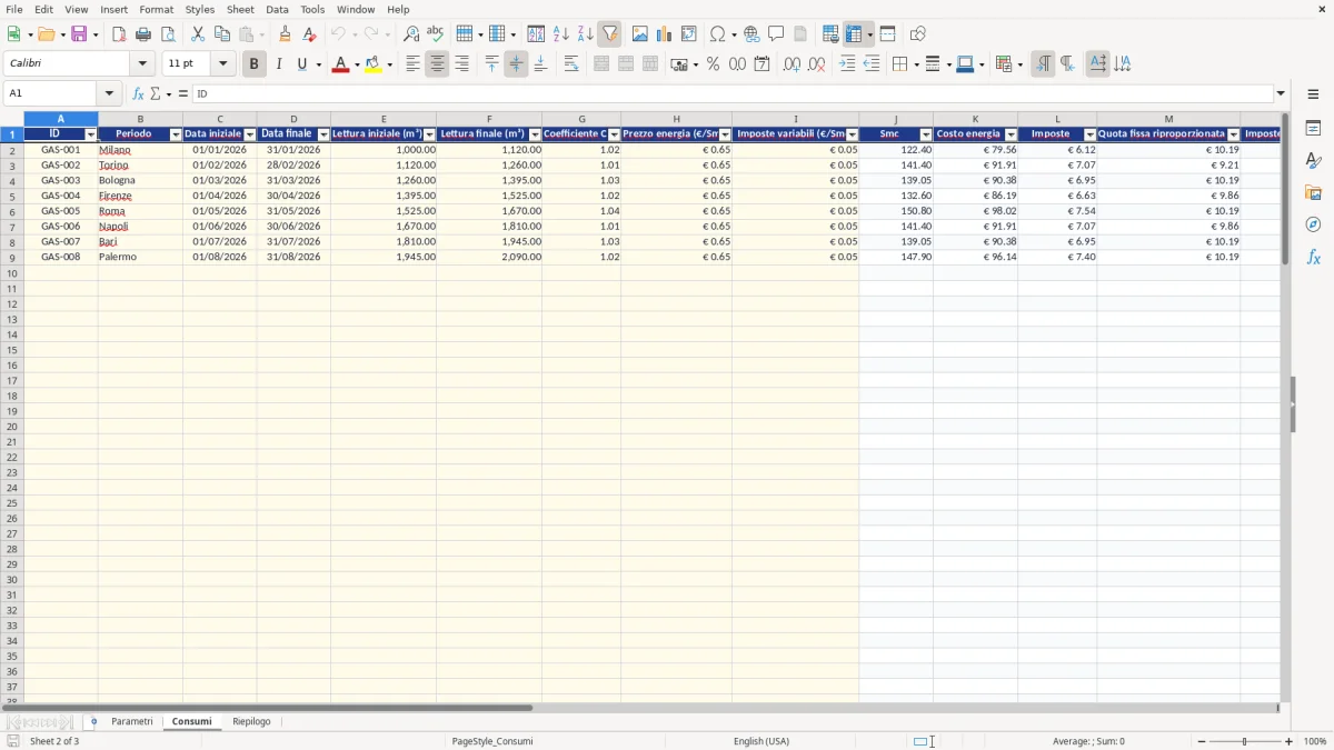 Anteprima del modello Excel calcolo bolletta gas excel — foglio Consumi (immagine 2)