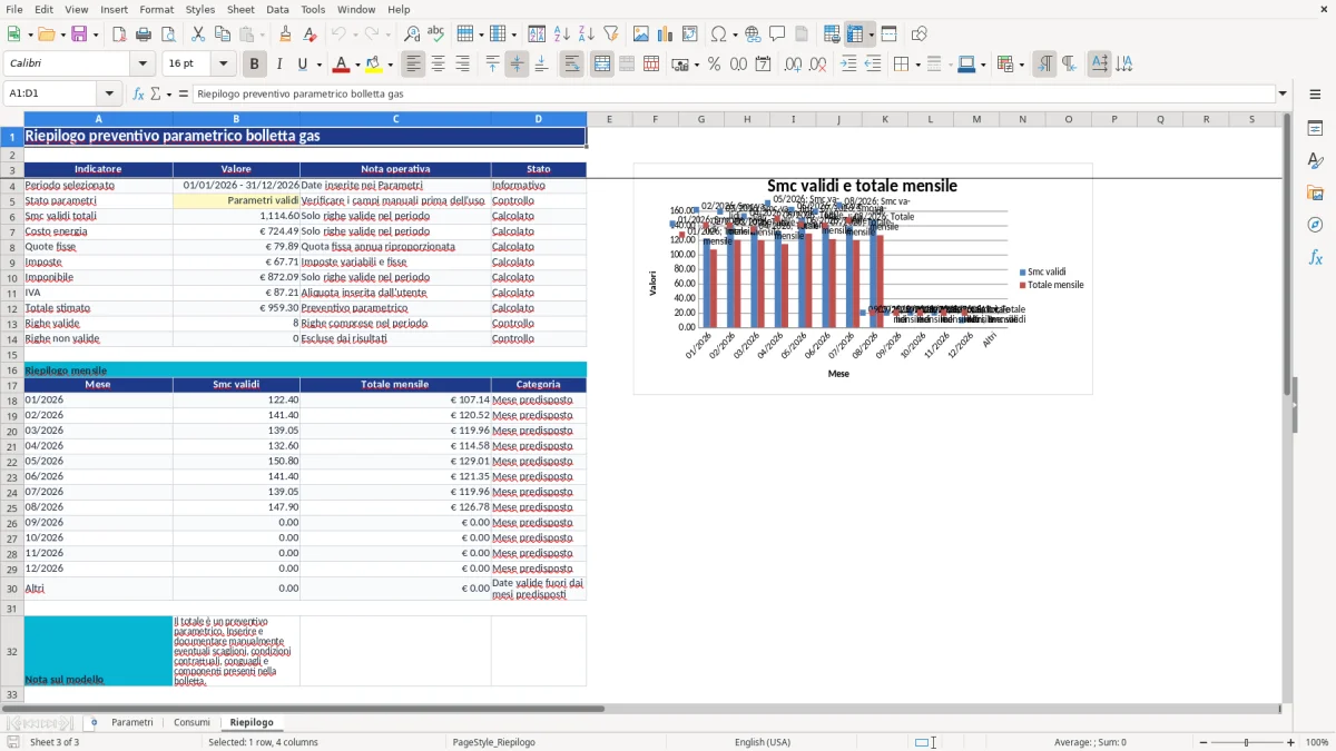 Anteprima del modello Excel calcolo bolletta gas excel — foglio Riepilogo (immagine 3)