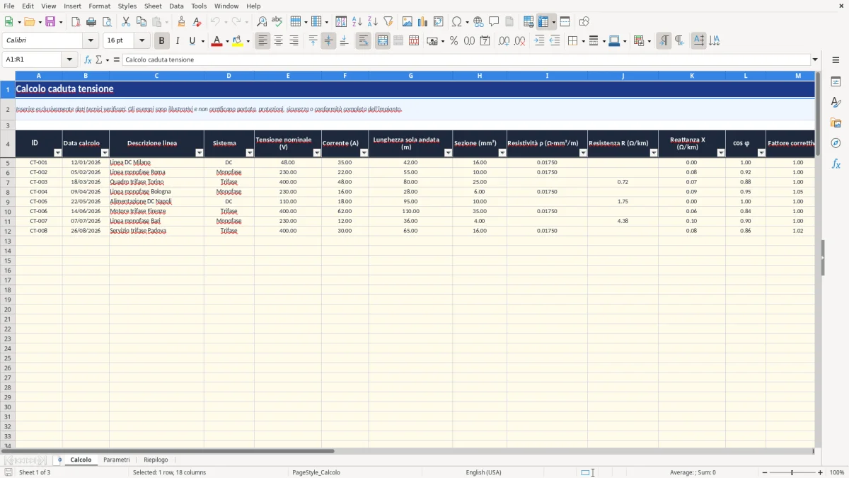 Anteprima del modello Excel calcolo caduta tensione excel — foglio Calcolo (immagine 1)