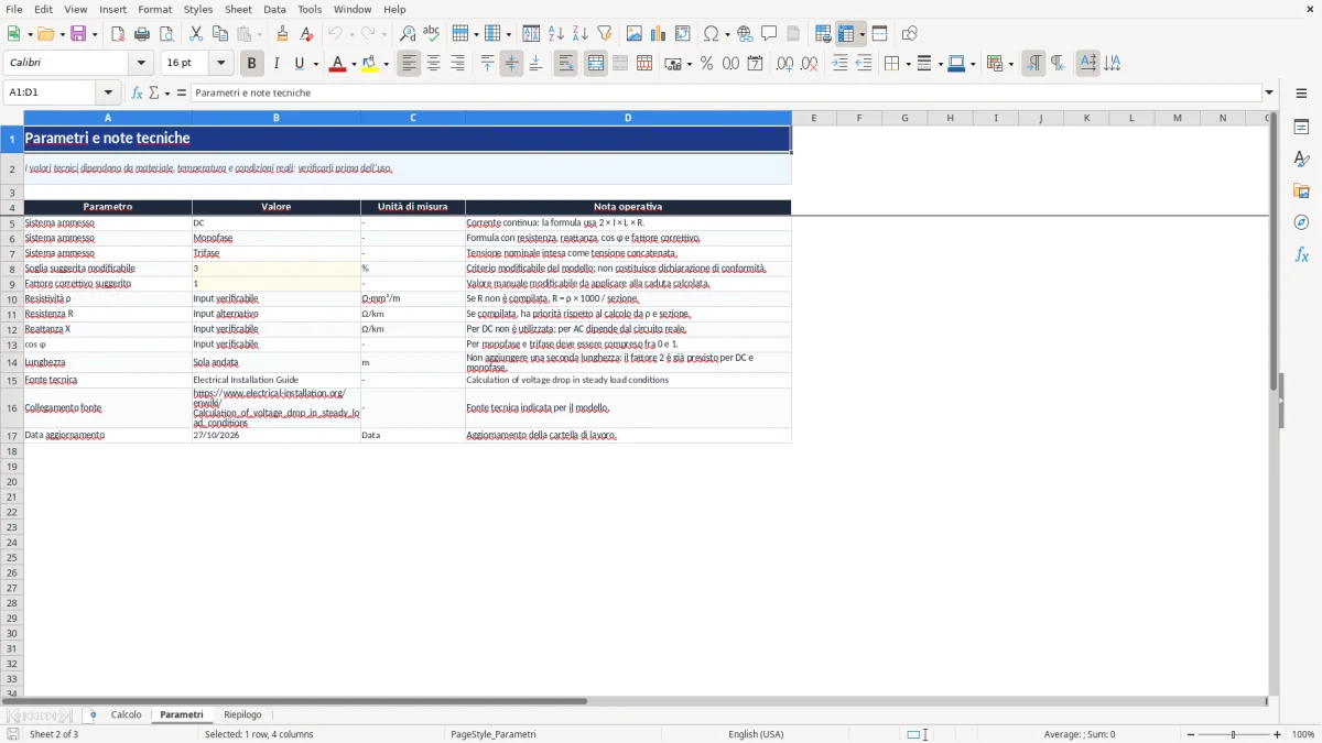 Anteprima del modello Excel calcolo caduta tensione excel — foglio Parametri (immagine 2)