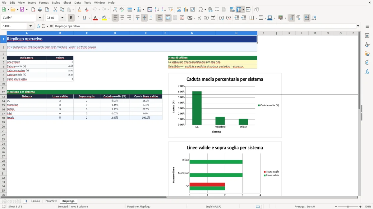 Anteprima del modello Excel calcolo caduta tensione excel — foglio Riepilogo (immagine 3)