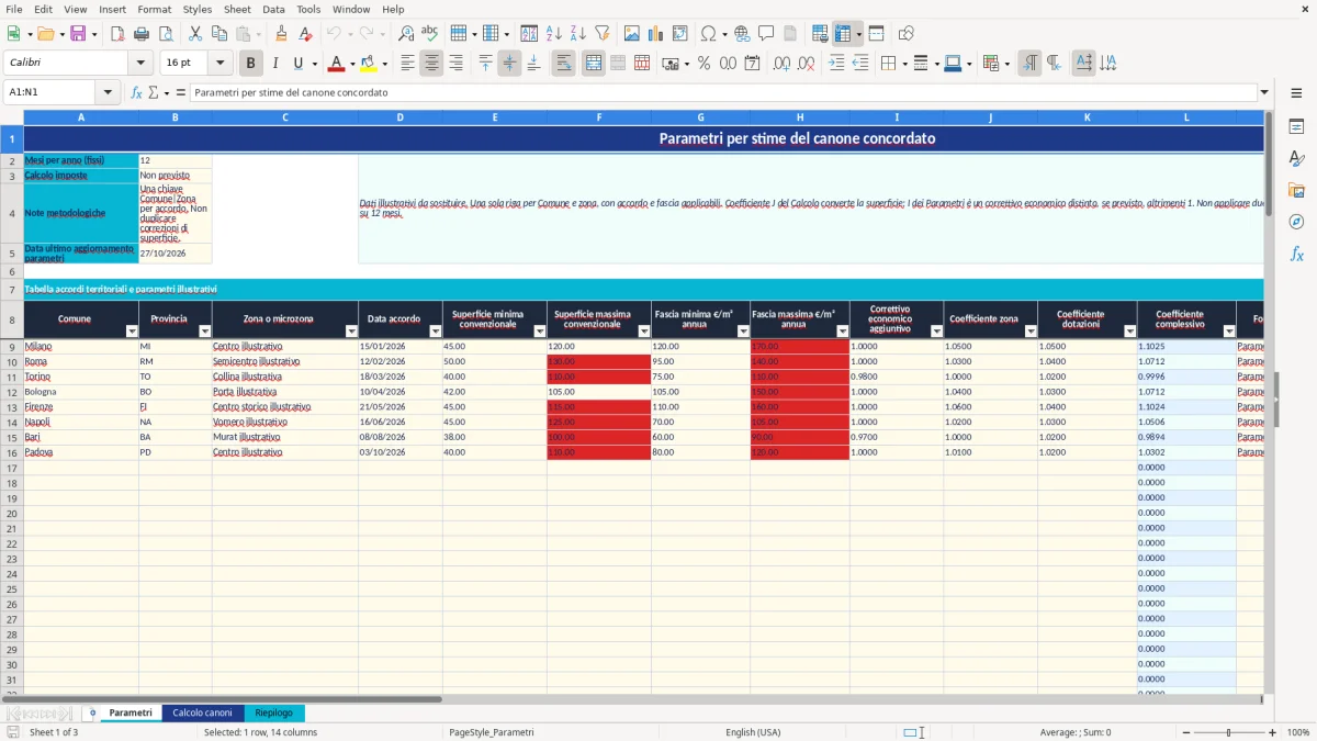 Anteprima del modello Excel calcolo canone concordato excel — foglio Parametri (immagine 1)