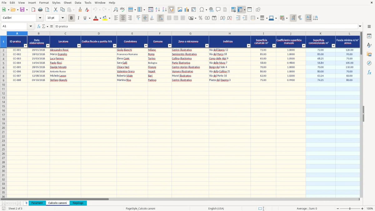 Anteprima del modello Excel calcolo canone concordato excel — foglio Calcolo canoni (immagine 2)