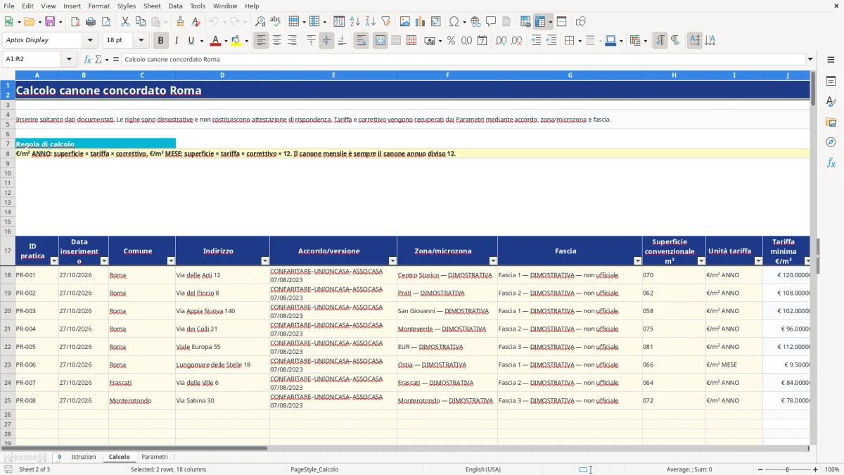 Anteprima del modello Excel calcolo canone concordato roma excel — foglio Calcolo (immagine 2)