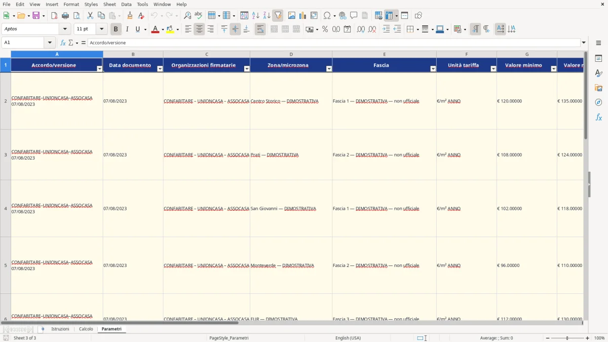 Anteprima del modello Excel calcolo canone concordato roma excel — foglio Parametri (immagine 3)