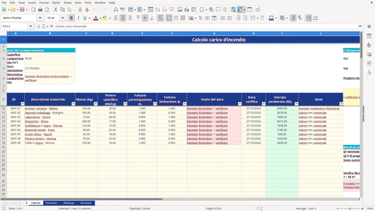 Anteprima del modello Excel calcolo carico d'incendio excel — foglio Calcolo (immagine 1)