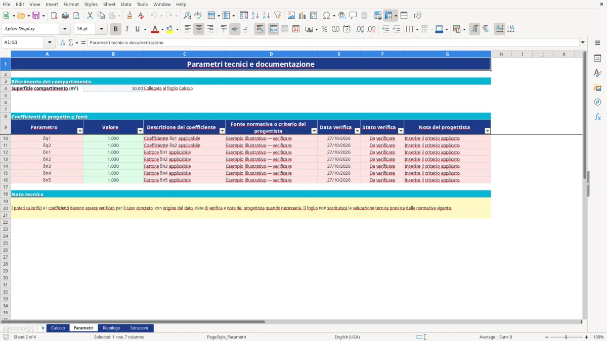 Anteprima del modello Excel calcolo carico d'incendio excel — foglio Parametri (immagine 2)