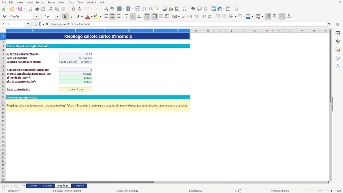 Anteprima del modello Excel calcolo carico d'incendio excel — foglio Riepilogo (immagine 3)