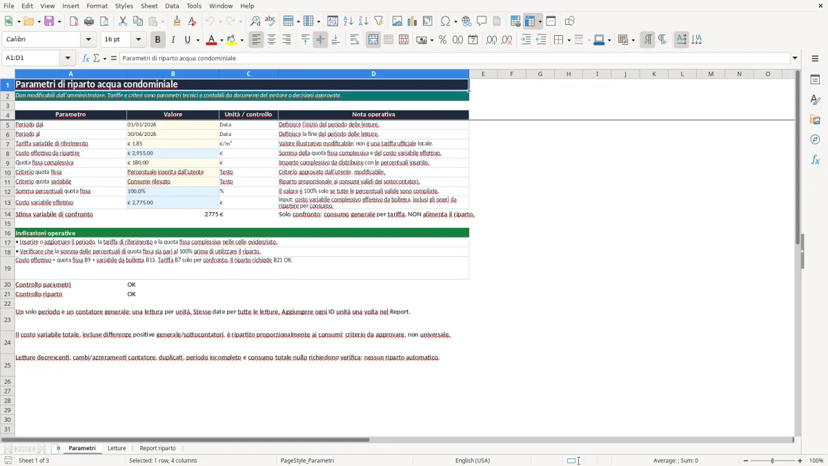 Anteprima del modello Excel calcolo consumo acqua condominio excel — foglio Parametri (immagine 1)
