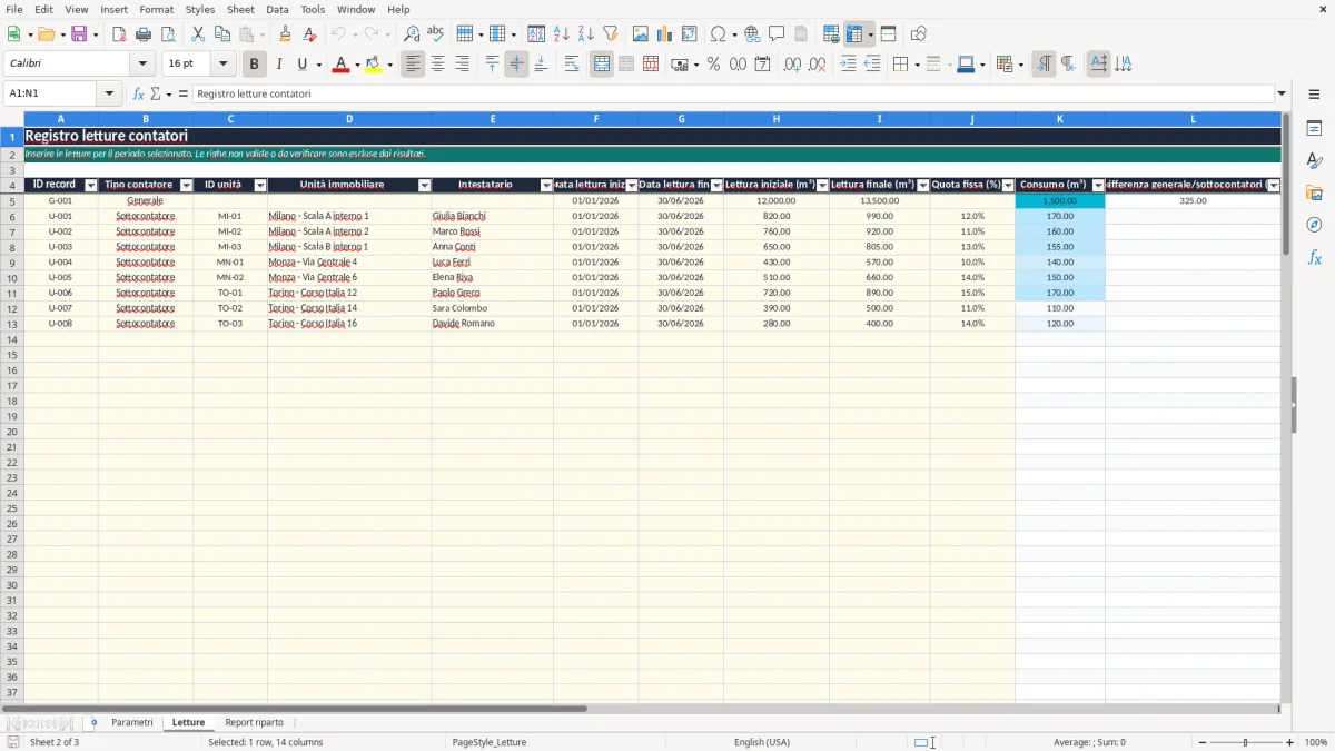 Anteprima del modello Excel calcolo consumo acqua condominio excel — foglio Letture (immagine 2)