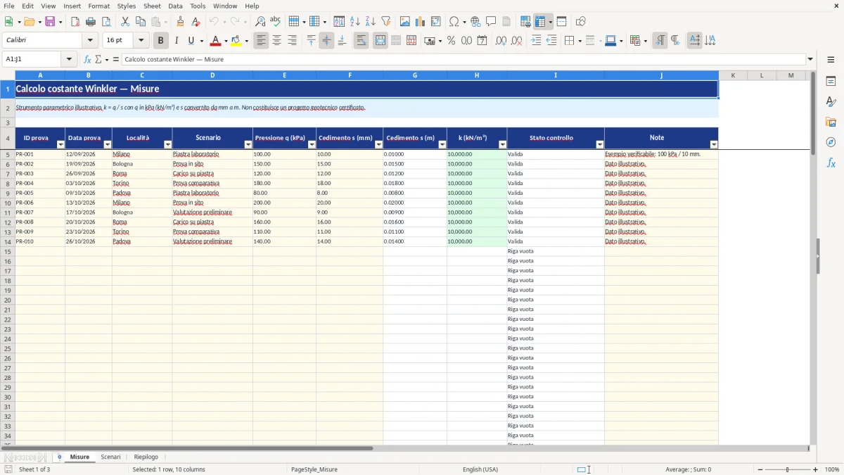 Anteprima del modello Excel calcolo costante winkler excel — foglio Misure (immagine 1)