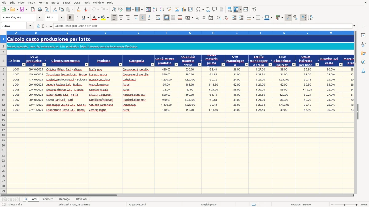 Anteprima del modello Excel calcolo costo produzione excel — foglio Lotti (immagine 1)