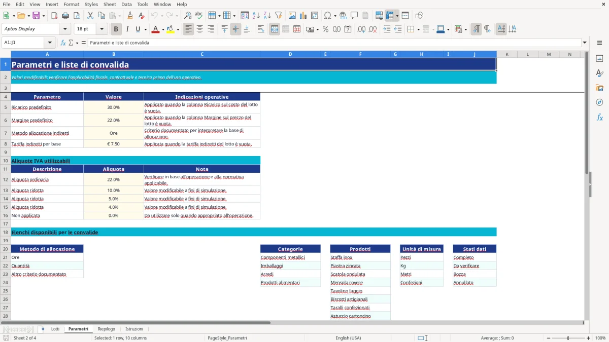 Anteprima del modello Excel calcolo costo produzione excel — foglio Parametri (immagine 2)
