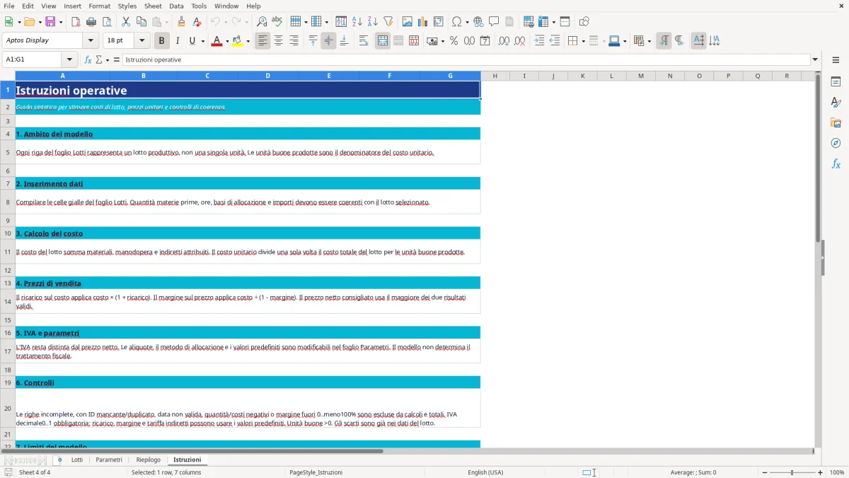 Anteprima del modello Excel calcolo costo produzione excel — foglio Istruzioni (immagine 4)
