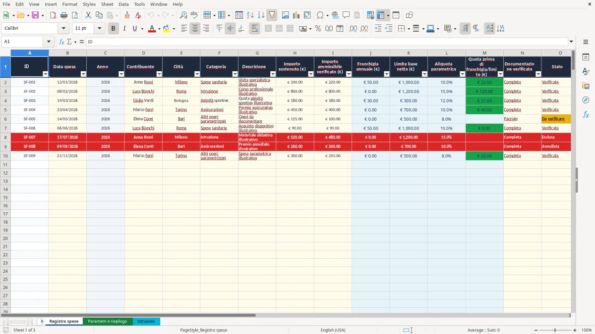 Anteprima del modello Excel calcolo detrazioni fiscali excel — foglio Registro spese (immagine 1)