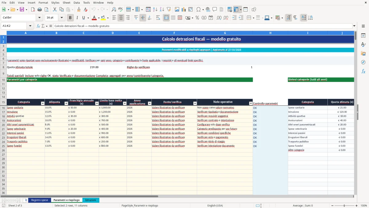 Anteprima del modello Excel calcolo detrazioni fiscali excel — foglio Parametri e riepilogo (immagine 2)