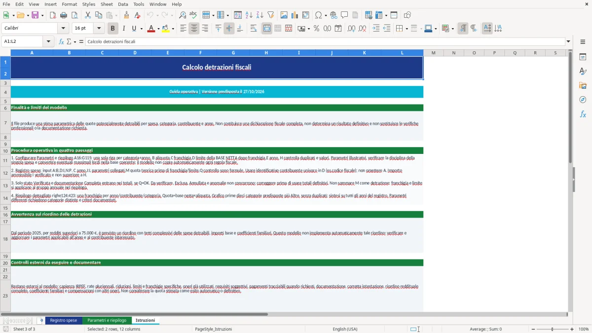 Anteprima del modello Excel calcolo detrazioni fiscali excel — foglio Istruzioni (immagine 3)
