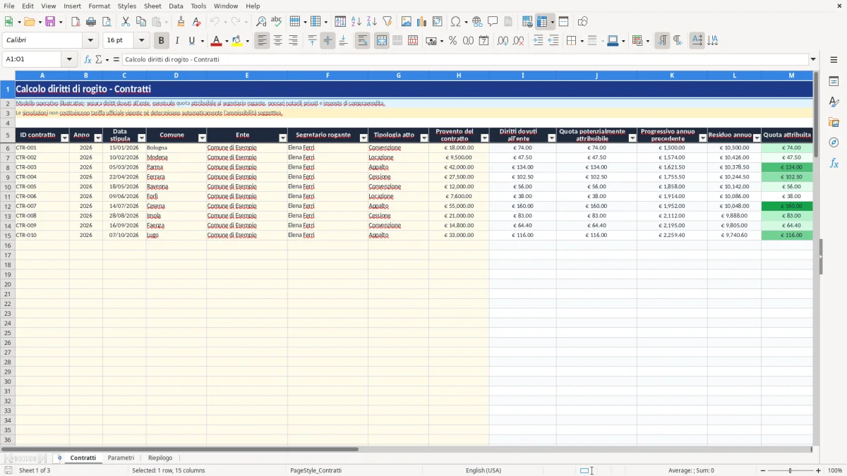 Anteprima del modello Excel calcolo diritti rogito excel — foglio Contratti (immagine 1)