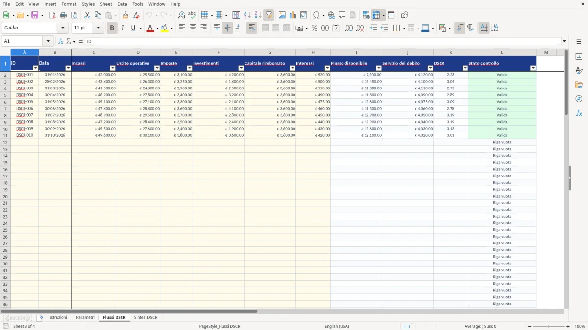 Anteprima del modello Excel calcolo dscr excel — foglio Flussi DSCR (immagine 3)