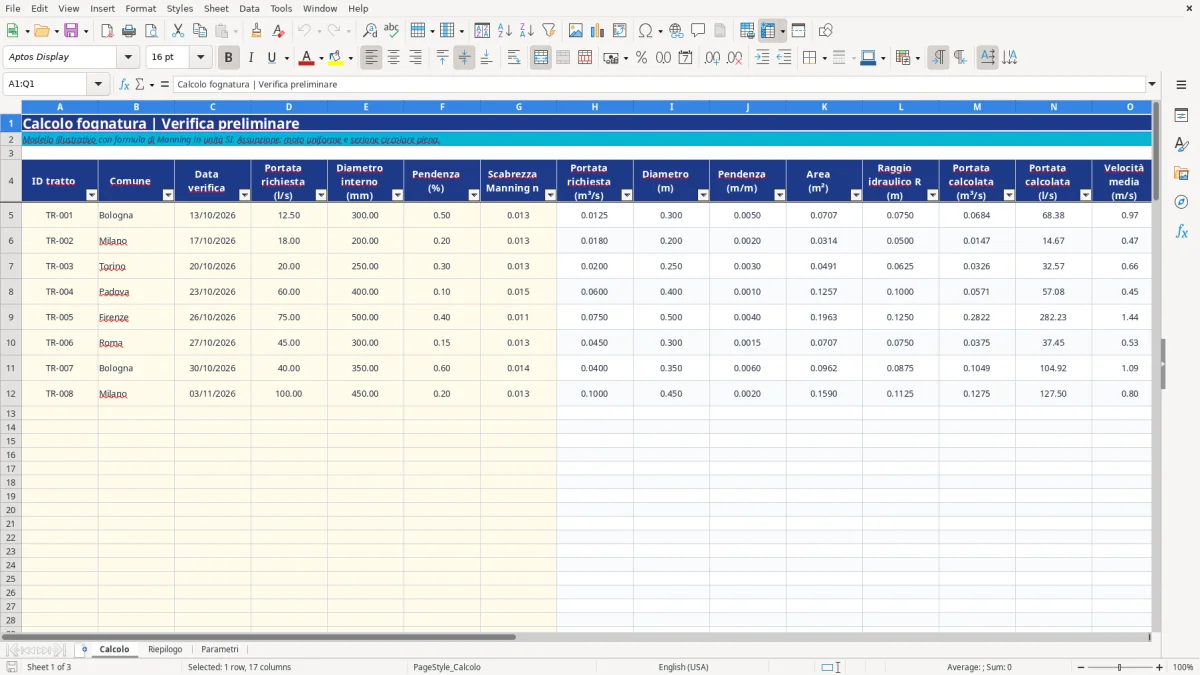 Anteprima del modello Excel calcolo fognatura excel — foglio Calcolo (immagine 1)