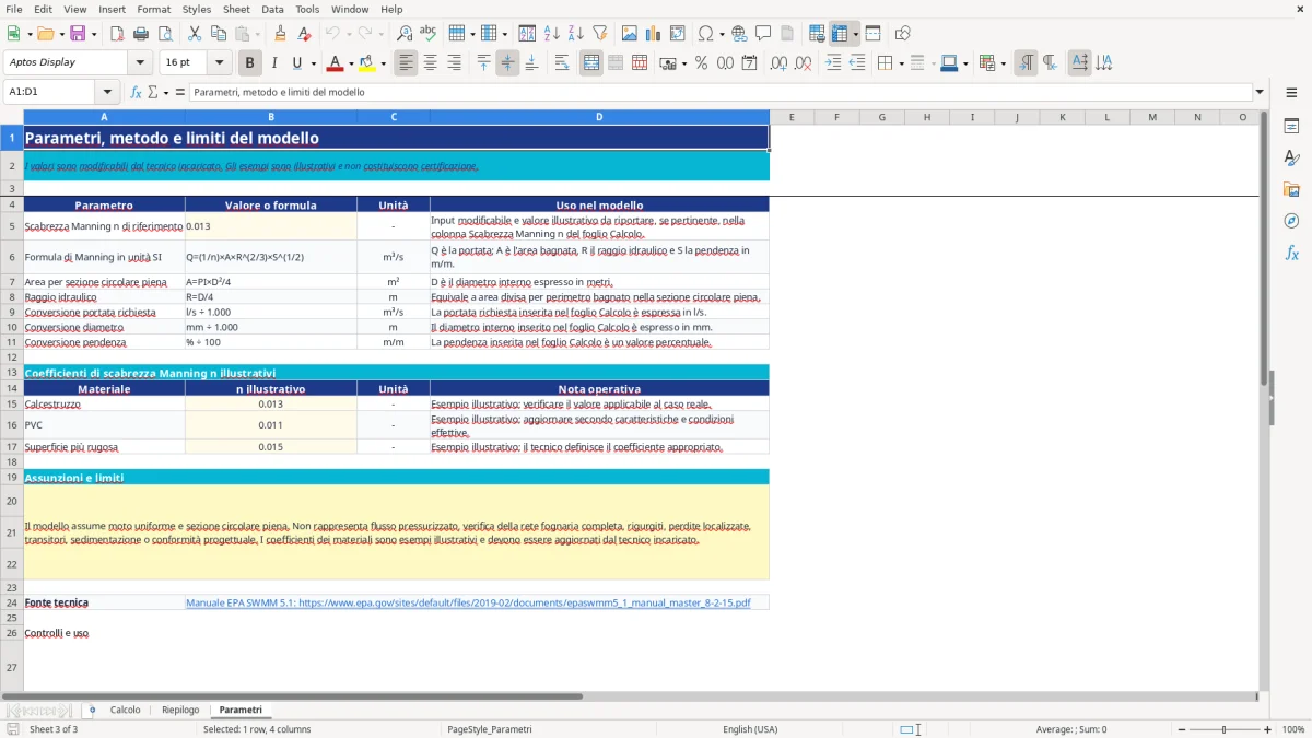Anteprima del modello Excel calcolo fognatura excel — foglio Parametri (immagine 3)