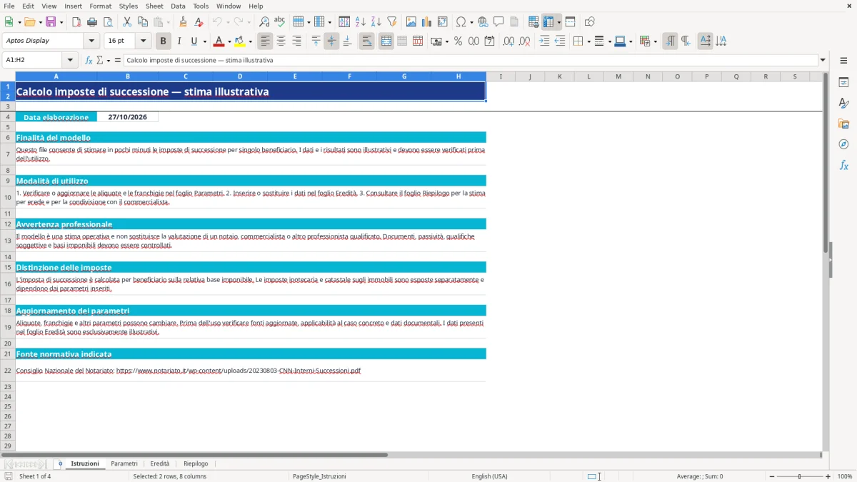 Anteprima del modello Excel calcolo imposte successione excel — foglio Istruzioni (immagine 1)