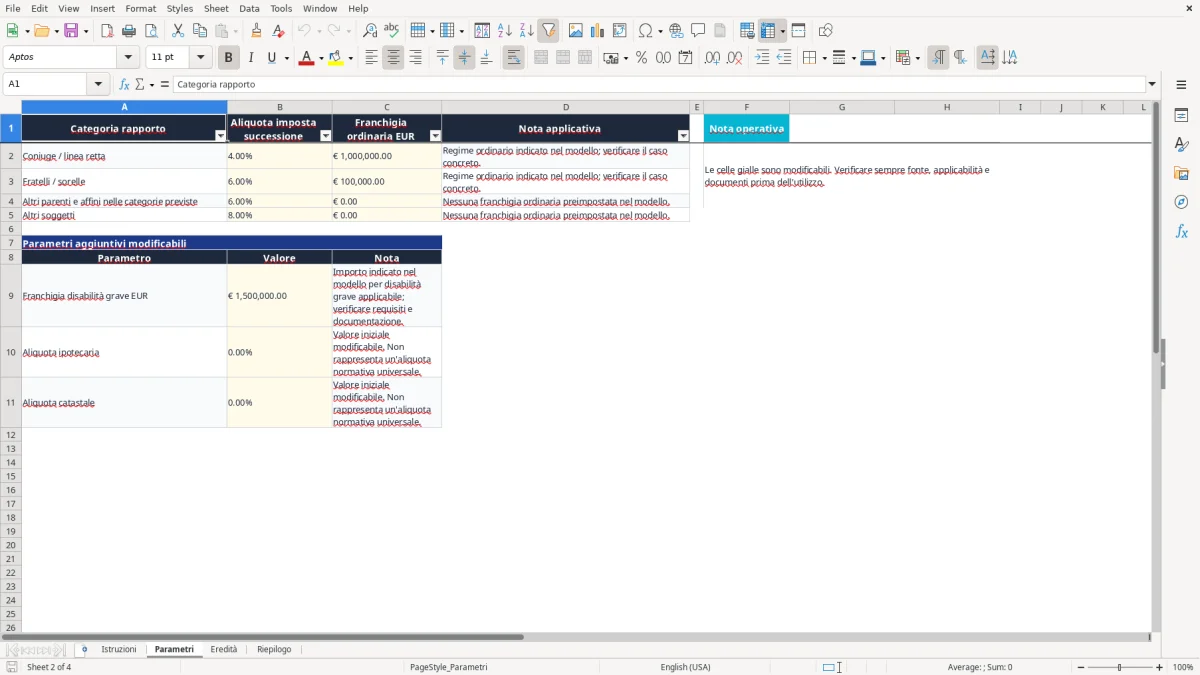 Anteprima del modello Excel calcolo imposte successione excel — foglio Parametri (immagine 2)