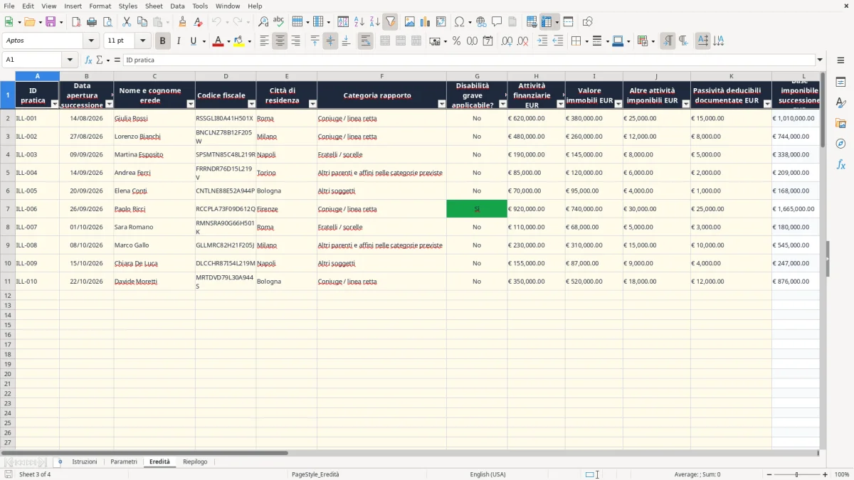 Anteprima del modello Excel calcolo imposte successione excel — foglio Eredità (immagine 3)