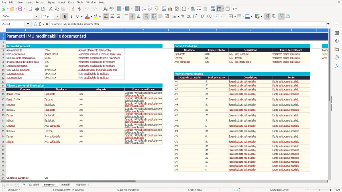 Anteprima del modello Excel calcolo imu excel — foglio Parametri (immagine 2)