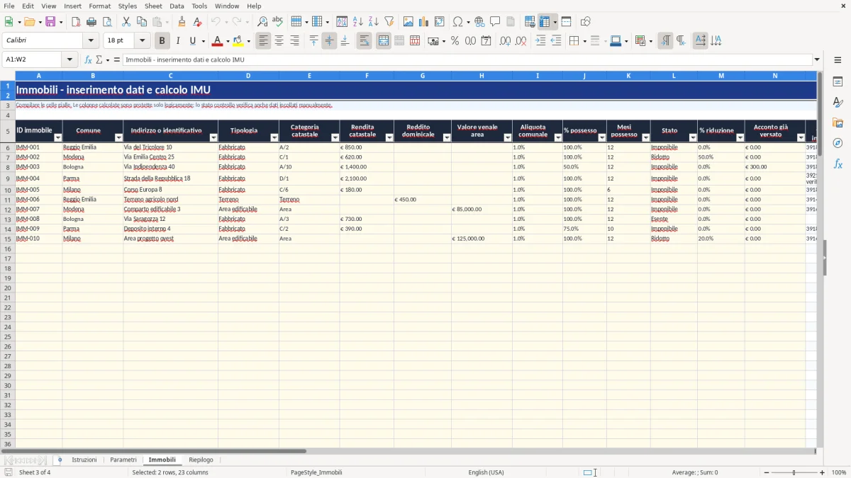 Anteprima del modello Excel calcolo imu excel — foglio Immobili (immagine 3)