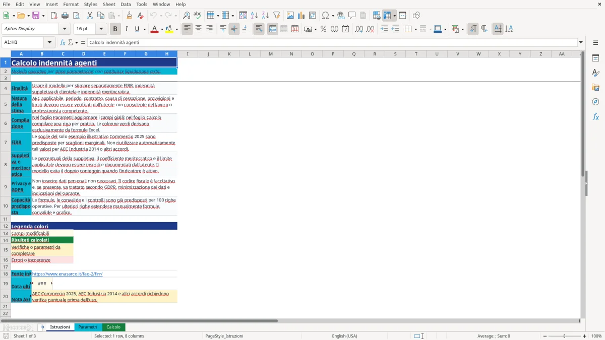 Anteprima del modello Excel calcolo indennità agenti excel — foglio Istruzioni (immagine 1)