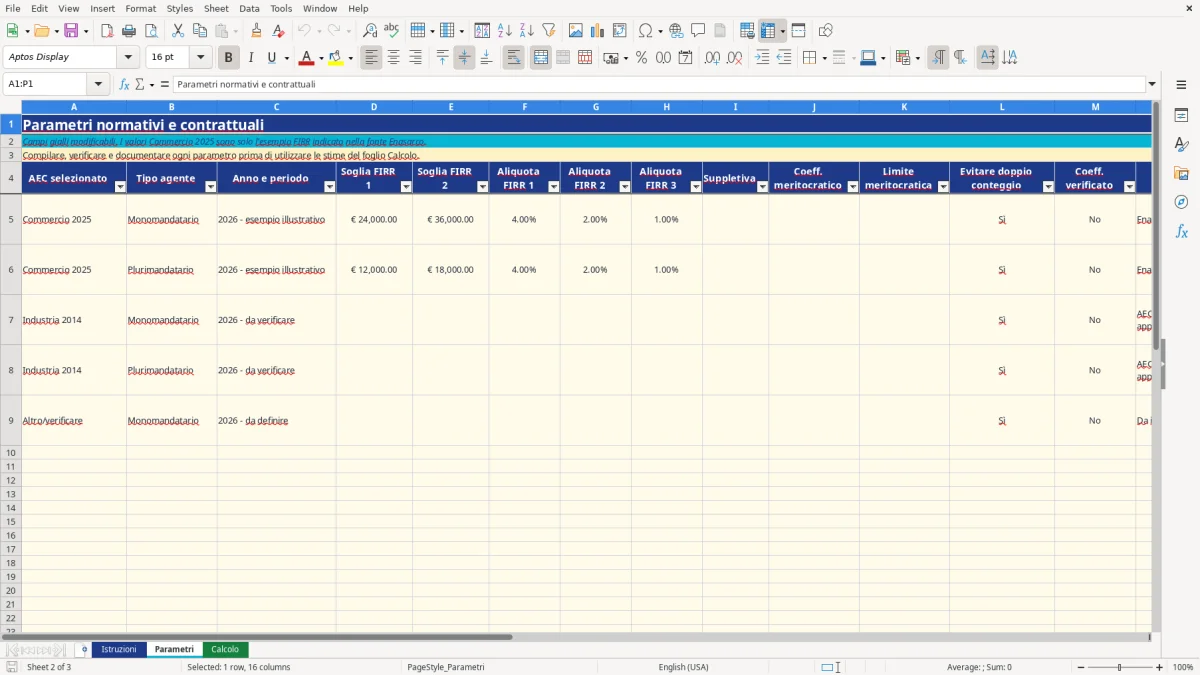 Anteprima del modello Excel calcolo indennità agenti excel — foglio Parametri (immagine 2)