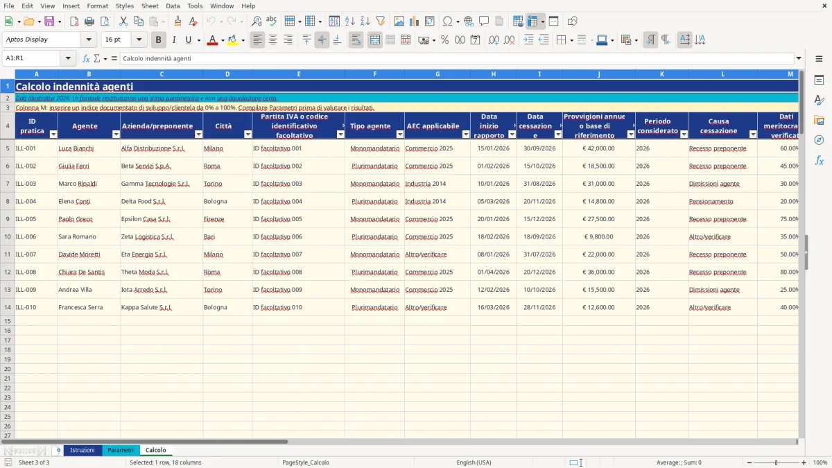 Anteprima del modello Excel calcolo indennità agenti excel — foglio Calcolo (immagine 3)