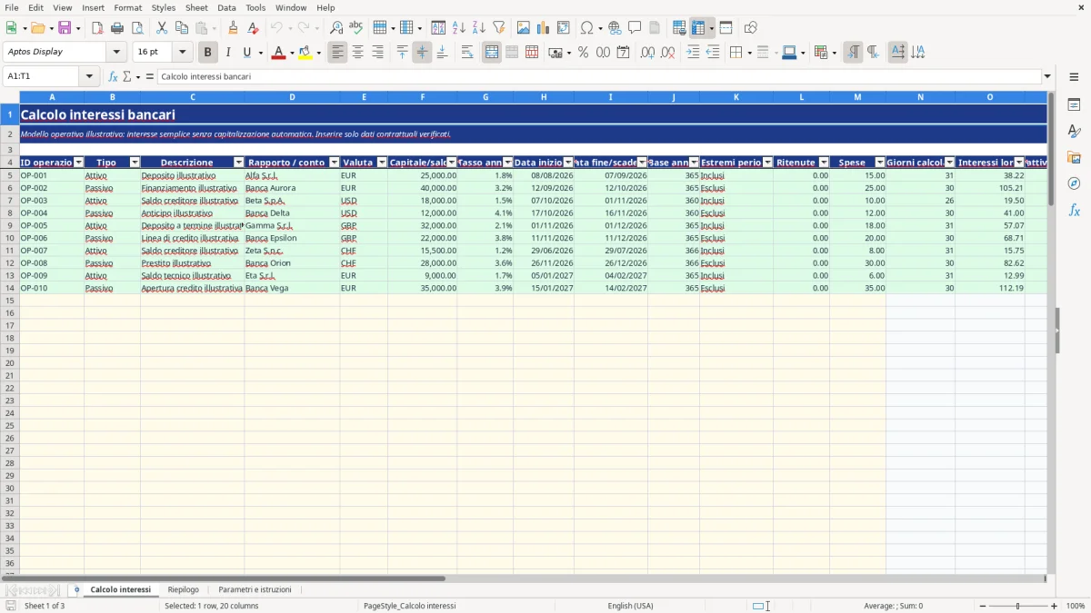 Anteprima del modello Excel calcolo interessi bancari excel — foglio Calcolo interessi (immagine 1)