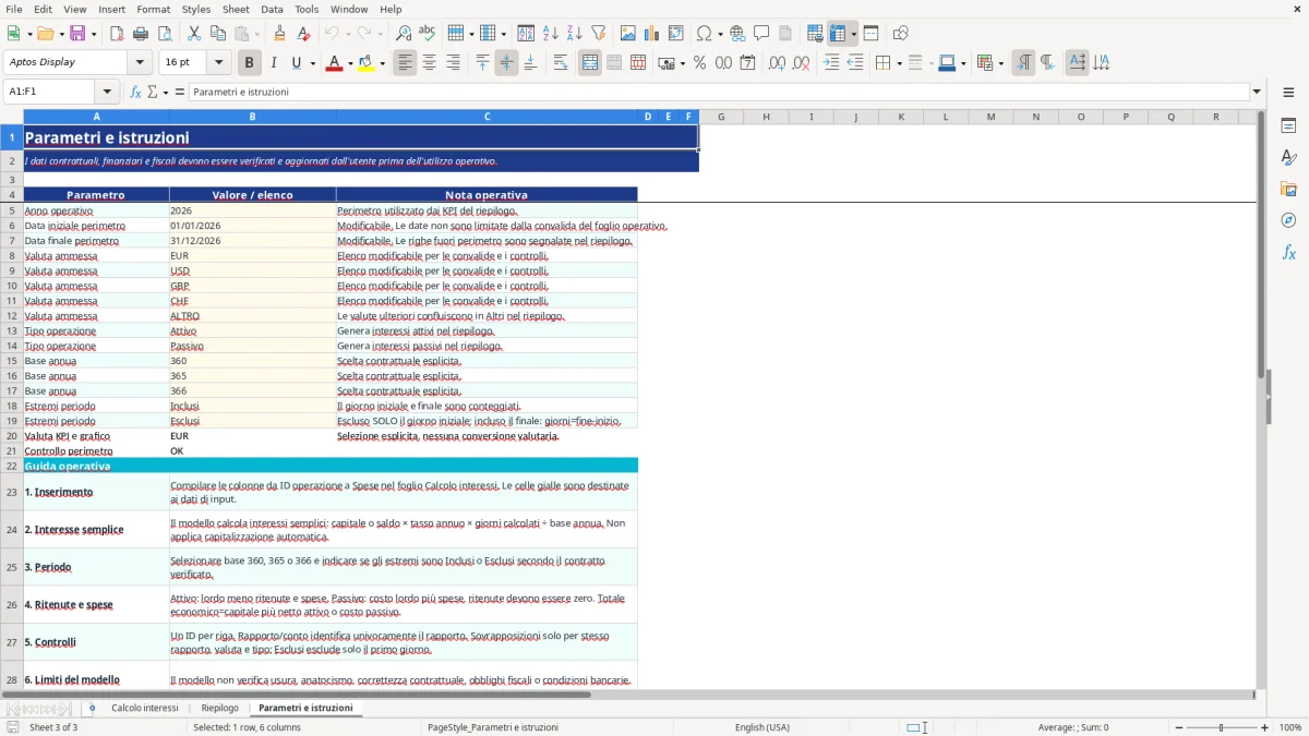 Anteprima del modello Excel calcolo interessi bancari excel — foglio Parametri e istruzioni (immagine 3)