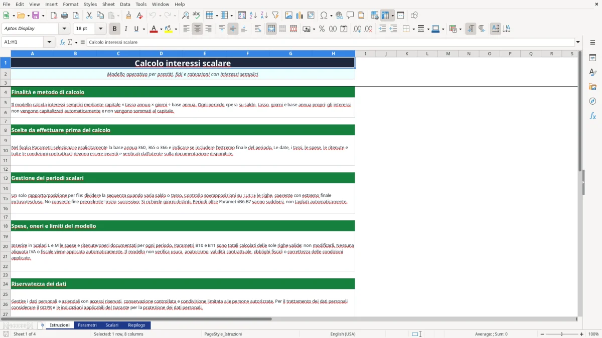 Anteprima del modello Excel calcolo interessi scalare excel — foglio Istruzioni (immagine 1)