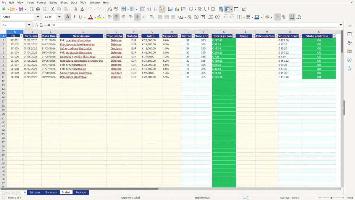 Anteprima del modello Excel calcolo interessi scalare excel — foglio Scalari (immagine 3)
