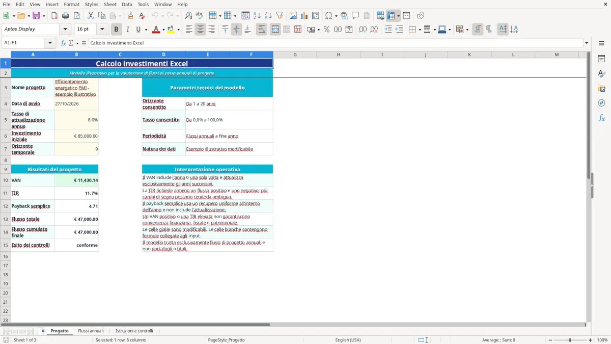 Anteprima del modello Excel calcolo investimenti excel — foglio Progetto (immagine 1)