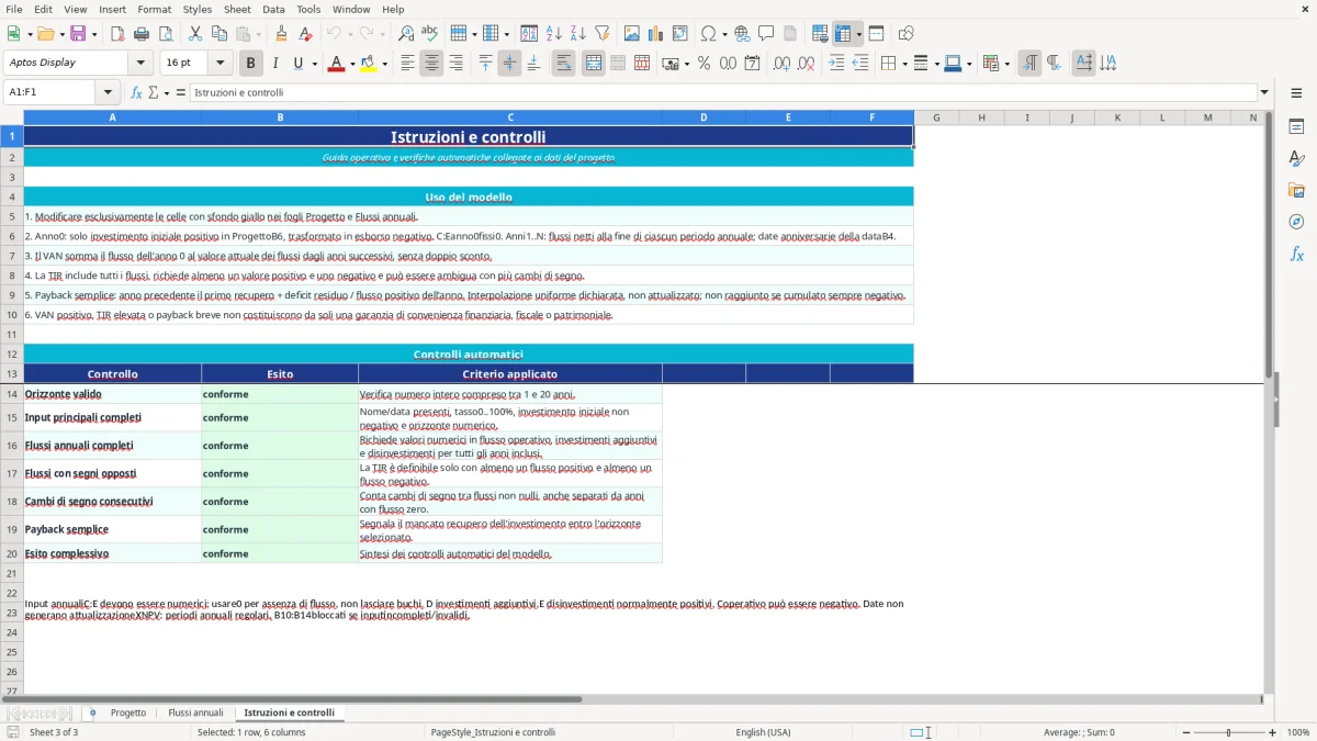 Anteprima del modello Excel calcolo investimenti excel — foglio Istruzioni e controlli (immagine 3)