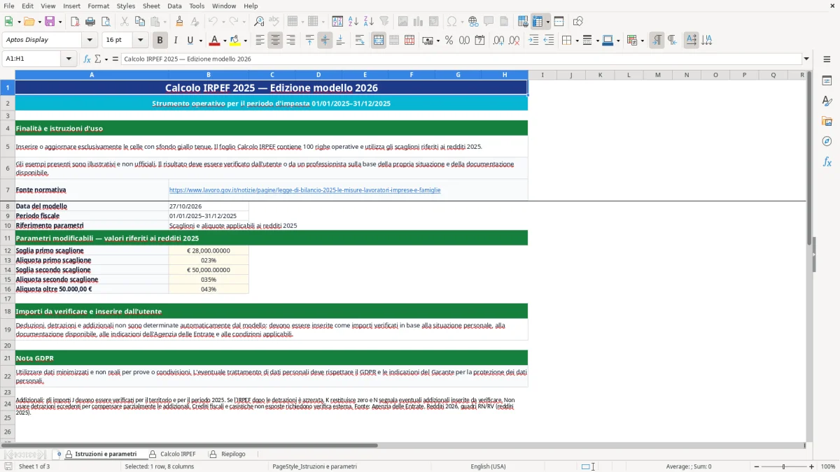 Anteprima del modello Excel calcolo irpef 2025 excel — foglio Istruzioni e parametri (immagine 1)