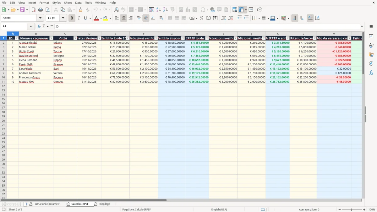 Anteprima del modello Excel calcolo irpef 2025 excel — foglio Calcolo IRPEF (immagine 2)
