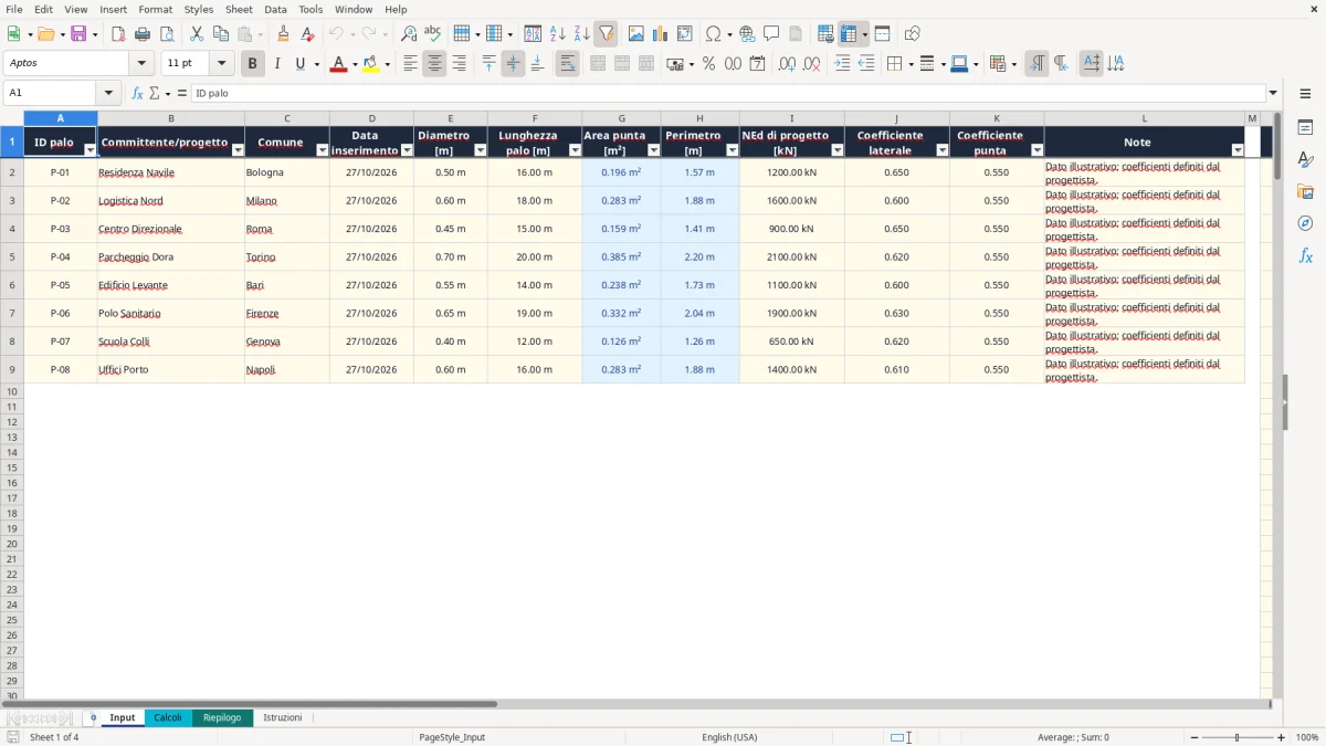 Anteprima del modello Excel calcolo pali fondazione NTC 2018 excel — foglio Input (immagine 1)
