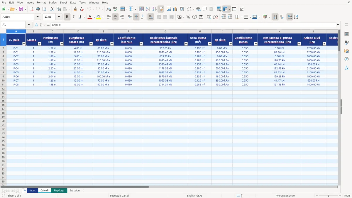 Anteprima del modello Excel calcolo pali fondazione NTC 2018 excel — foglio Calcoli (immagine 2)