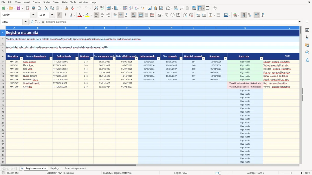 Anteprima del modello Excel calcolo periodo maternità obbligatoria excel — foglio Registro maternità (immagine 1)