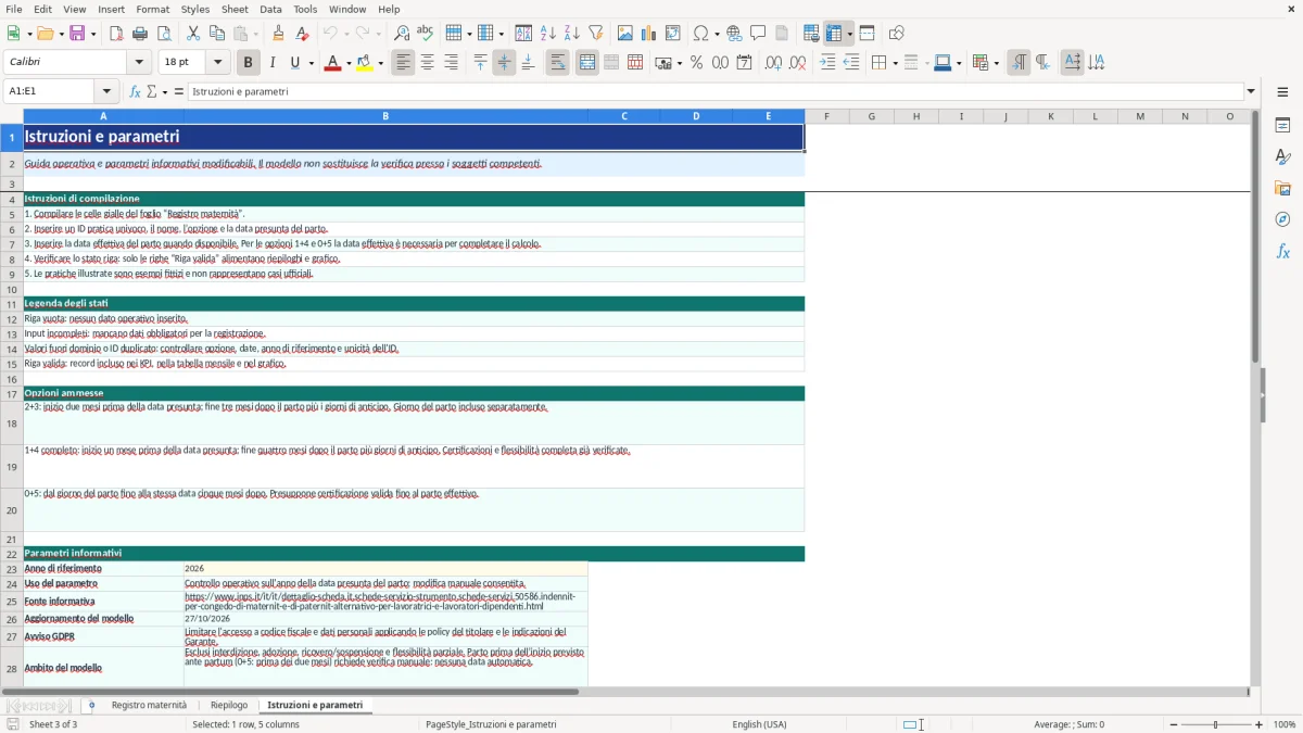 Anteprima del modello Excel calcolo periodo maternità obbligatoria excel — foglio Istruzioni e parametri (immagine 3)